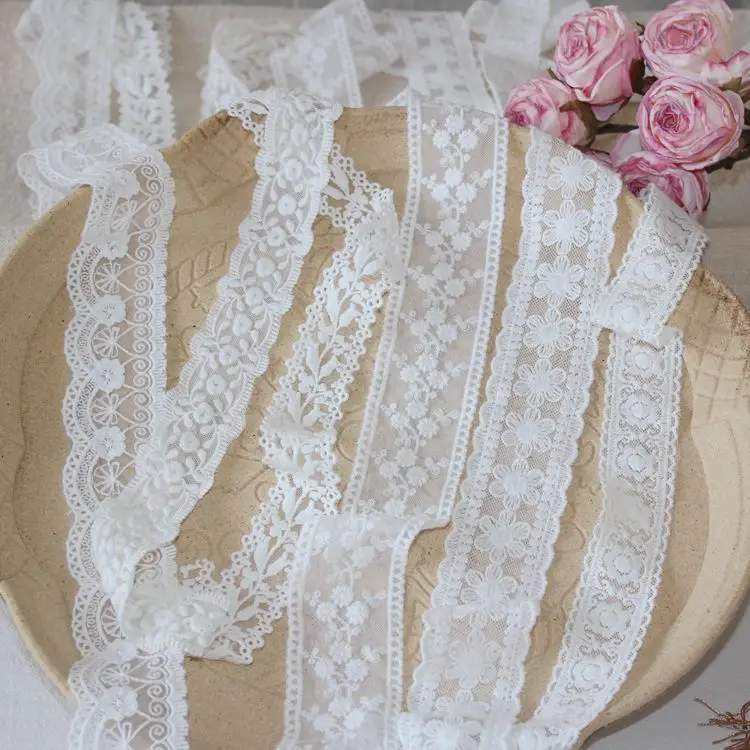 3yards/lot Paper white Cotton Embroidered Lace Trims Double Size Crochect Flower Mesh Wedding Lace Material X929