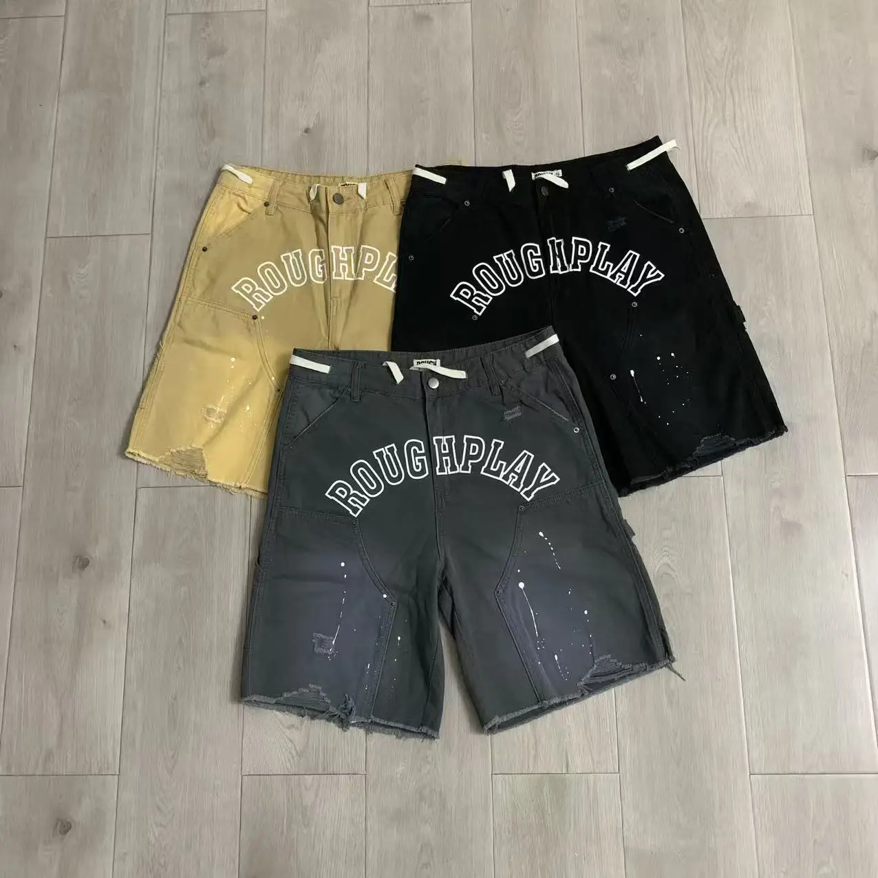 Roughplay Vintage Washed Letter Print Loose Straight Leg Casual Versatile Workwear Shorts Five-Quarter Pants Summer Cotton Youth