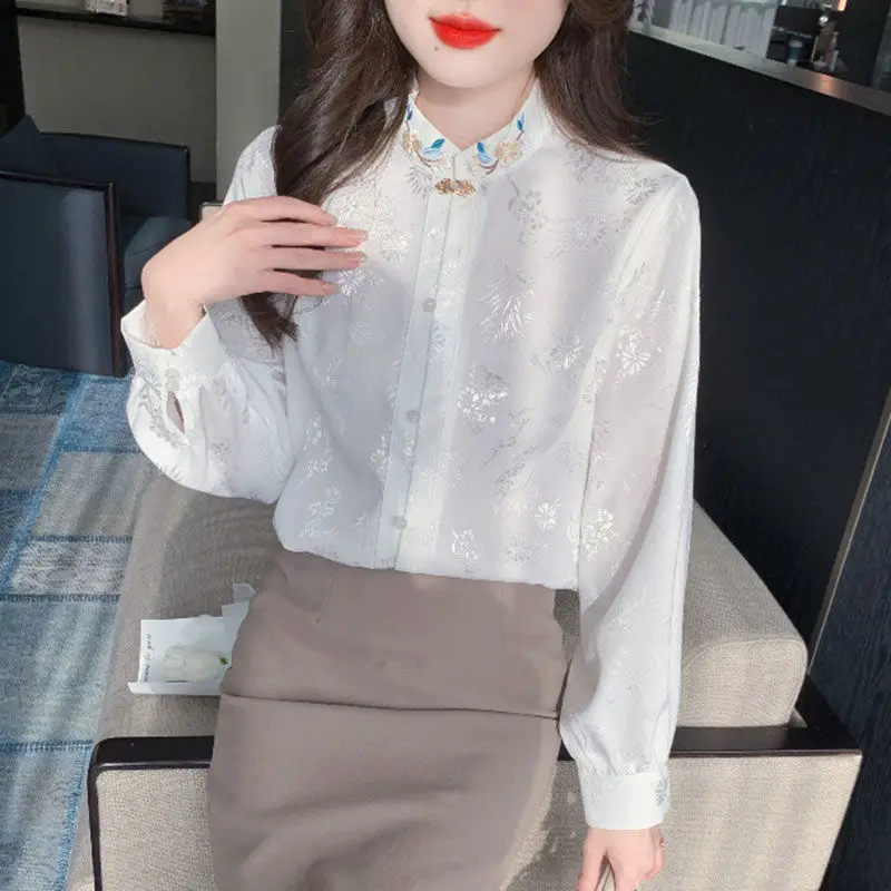 Women\'s 2024 Spring Autumn New Chinese Style Embroidered Long Sleeve Blouses Fashion Stand Collar Printed Single-breasted Shirts