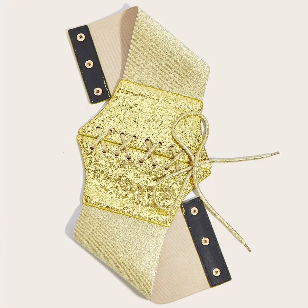 Fascia elastica dorata con glitter scintillanti Cintura con stampa leopardata Cintura in pelle PU Cintura con corsetto blingbling Donna