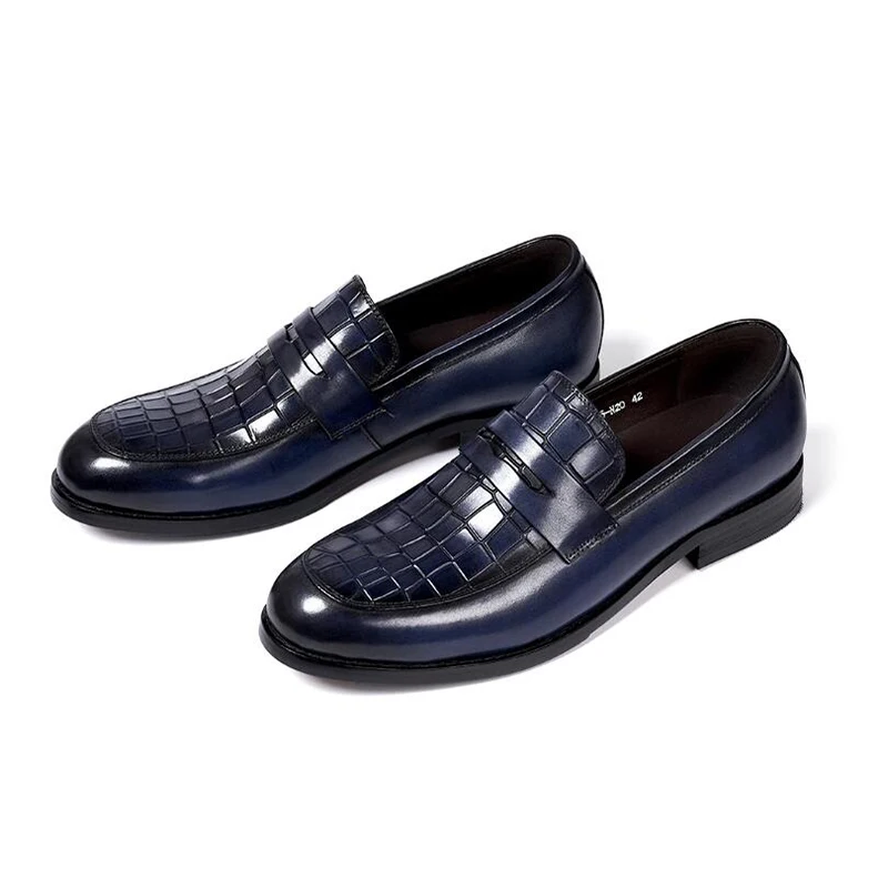 Italian Style Men's Penny Loafers Genuine Leather Flat Casual Shoes Crocodile Pattern Office Wedding Slip on Dress Shoes for Men