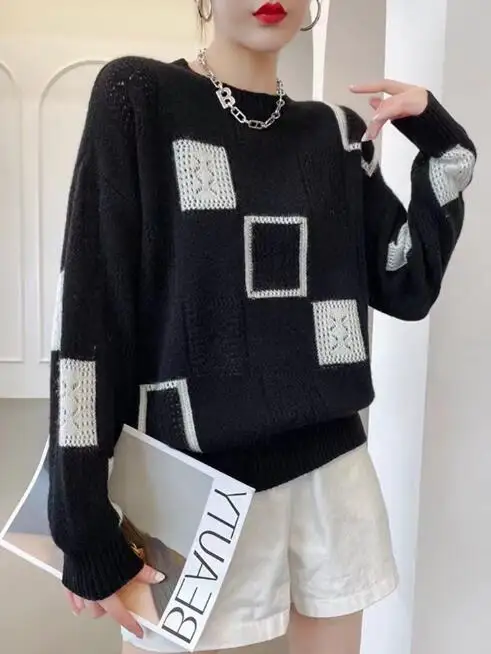 Moda Top Donna Maglione oversize Autunno Inverno Nuovo Colorblock Plaid Pullover lavorato a maglia Girocollo Retro Maglioni caldi XXL