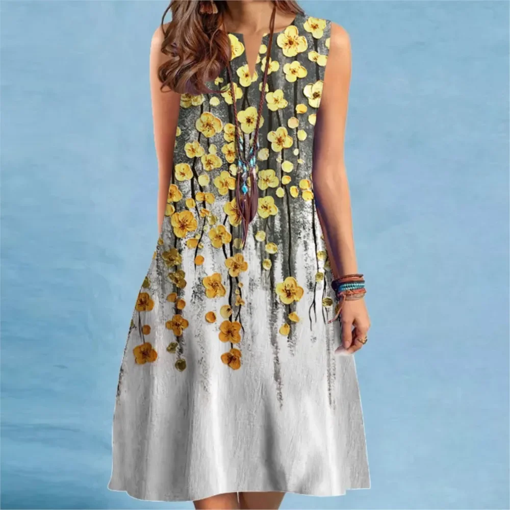 Retro Floral Print Mini Dress 2025 Women V-neck Sleeveless Sexy Gradient Striped Printed A-Line Dress Bohemia Beach Sundress New