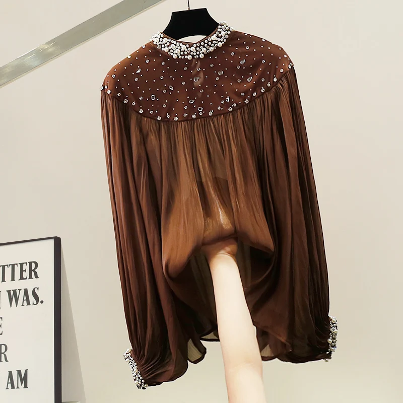 

Faionable Heavy Embellied Lantern Sve Long Sve Stand Collar Versatile Trendy Design Loose Fit irt Women's Sle