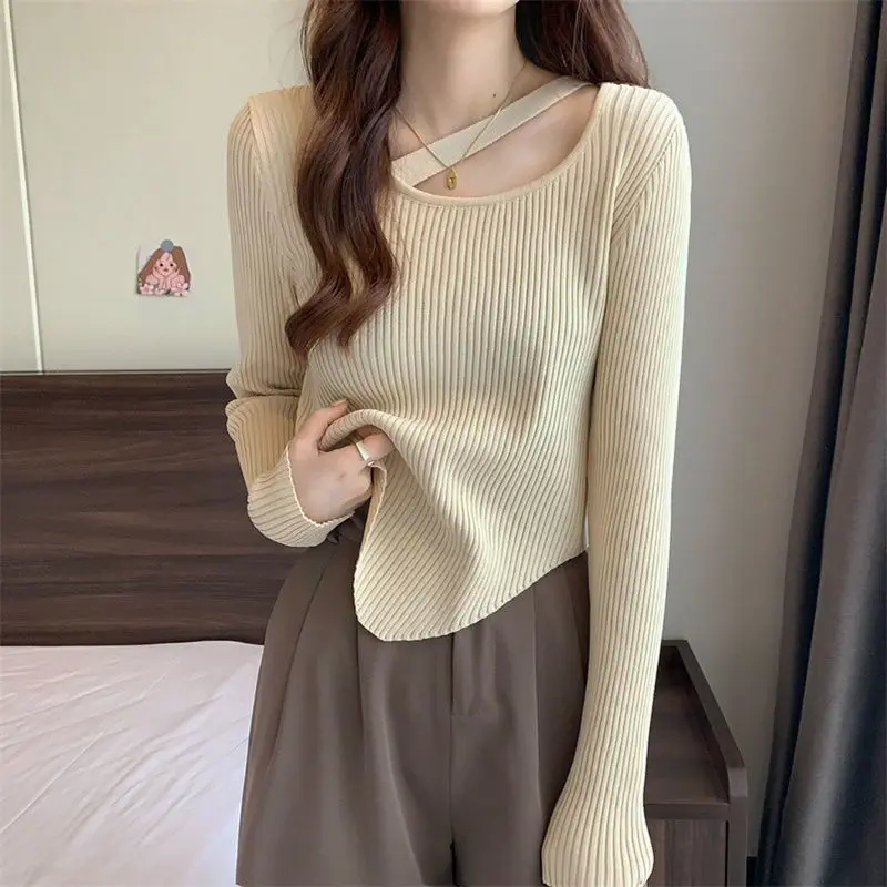 Ladies Pullovers Long Sleeve Fashion Solid Women Clothing Simplicity O-neck Irregular Skinny Knitting Sweater Autumn Top Tee