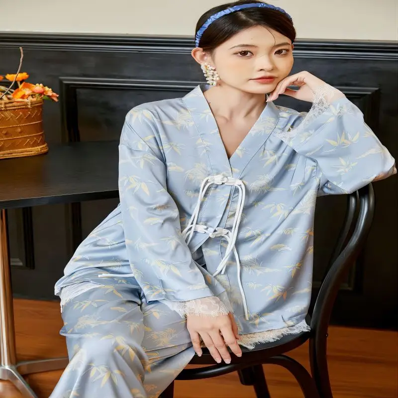 SXTHAENOO Spring Autumn Set Printed Bandage  Sleepwear Blue Simple Women Long Sleeve+Pants 2Piece Set Homewear Ladies Pajamas