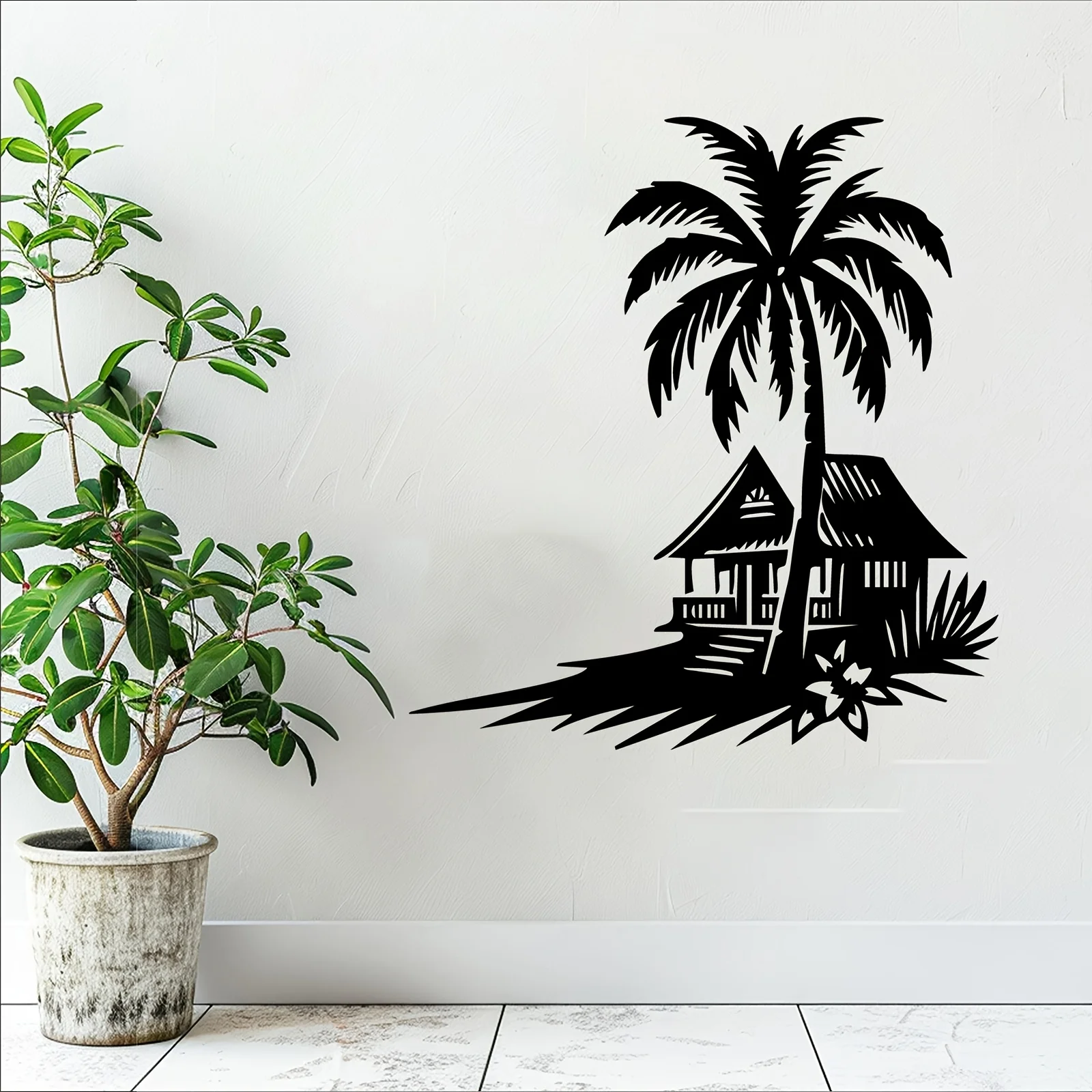 Metal Wall Art Coconut Tree Hut Iron Sculpture Weather Resistant Patio Garden Beach House Tropical Decor For Lovers Housewarming