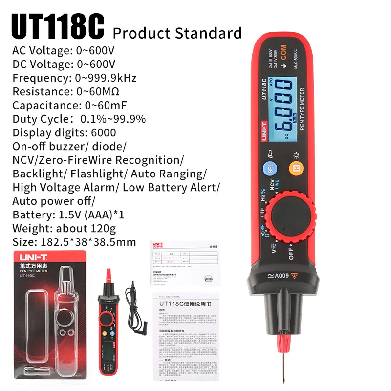 Imagem -06 - Uni-t-pen-tipo Digital Multímetro Automático Ut118c 600v dc ac Voltímetro True Rms Frequency Meter Ncv Capacitância Resistência Teste