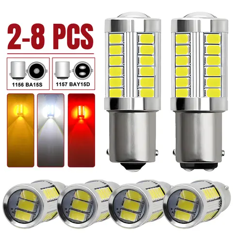 2/4/8 PCS P21W Ba15s 1156 Bay15d 1157 LED Bulb Turn Signal Lights DRL Fog Tail Brake Reverse Parking Lamps 12V 33SMD 7000K White