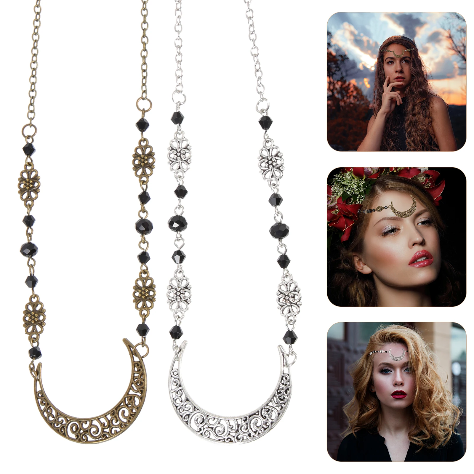 

2pcs Moon Rhinestone Head Chain Wedding Hair Decor Bridal Headdress Forehead Chain Alloy Frontlet Elegant Hair