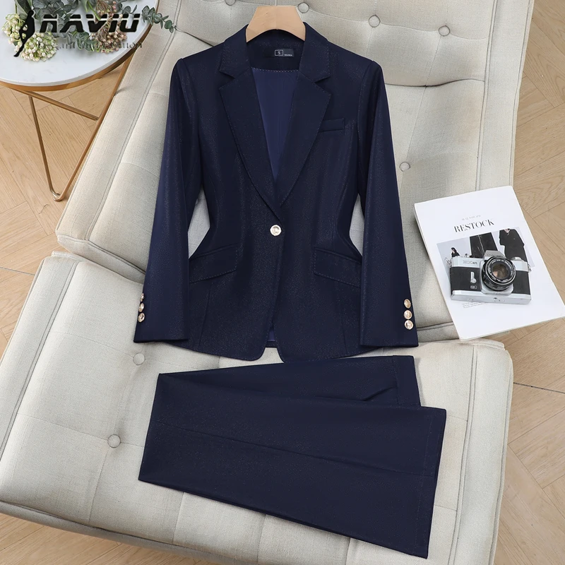 

NAVIU High End Blazer and Pant Suit Women Navy Blue Pink Apricot Solid Formal Slim Jacket Trouser Office Ladies Work Wear