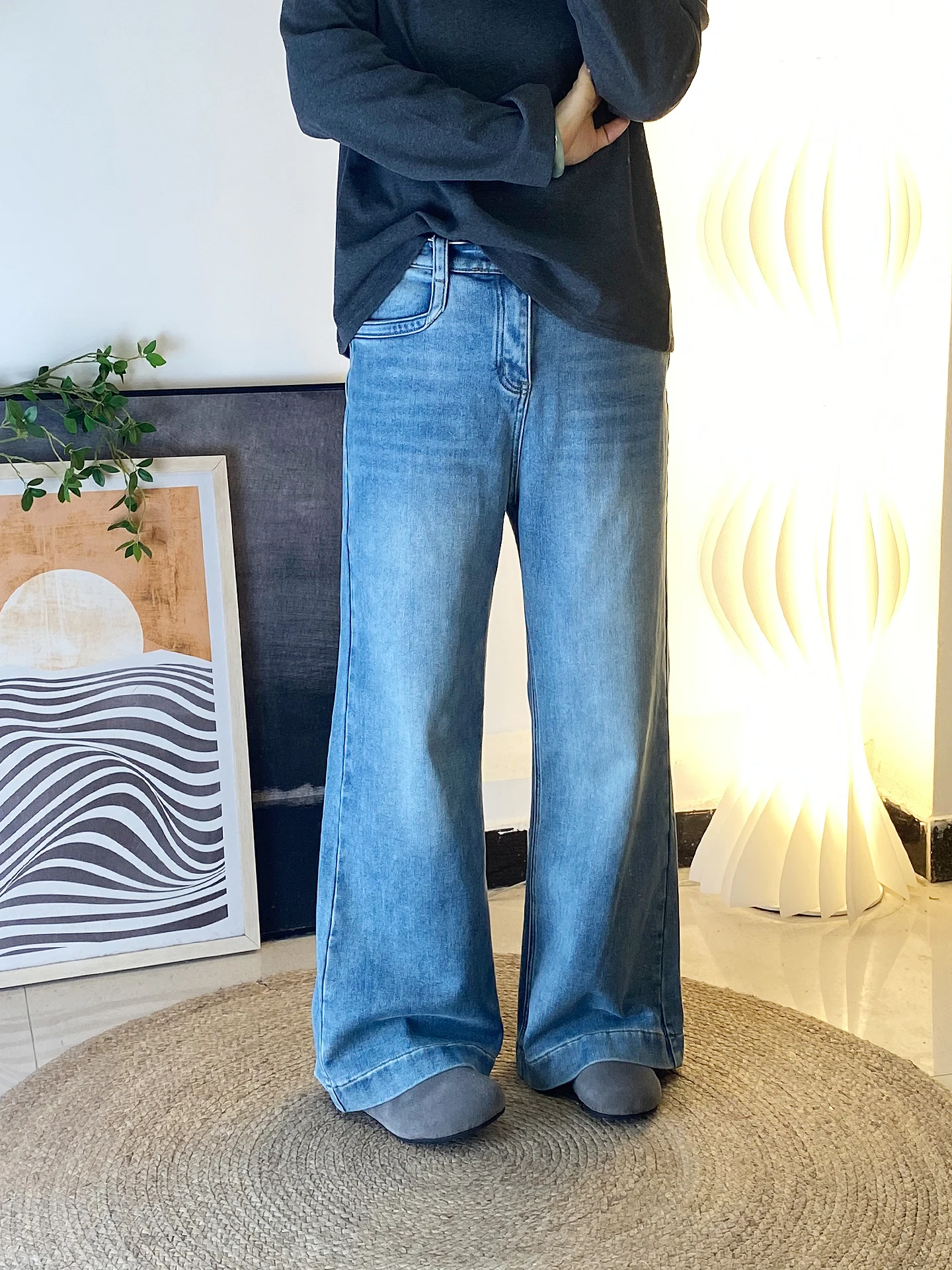 

Джинсы-клеш больших размеров с флисовой подкладкой, высокой талией и широкими штанинами, женские джинсовые брюки из комфортного хлопка с эластаном