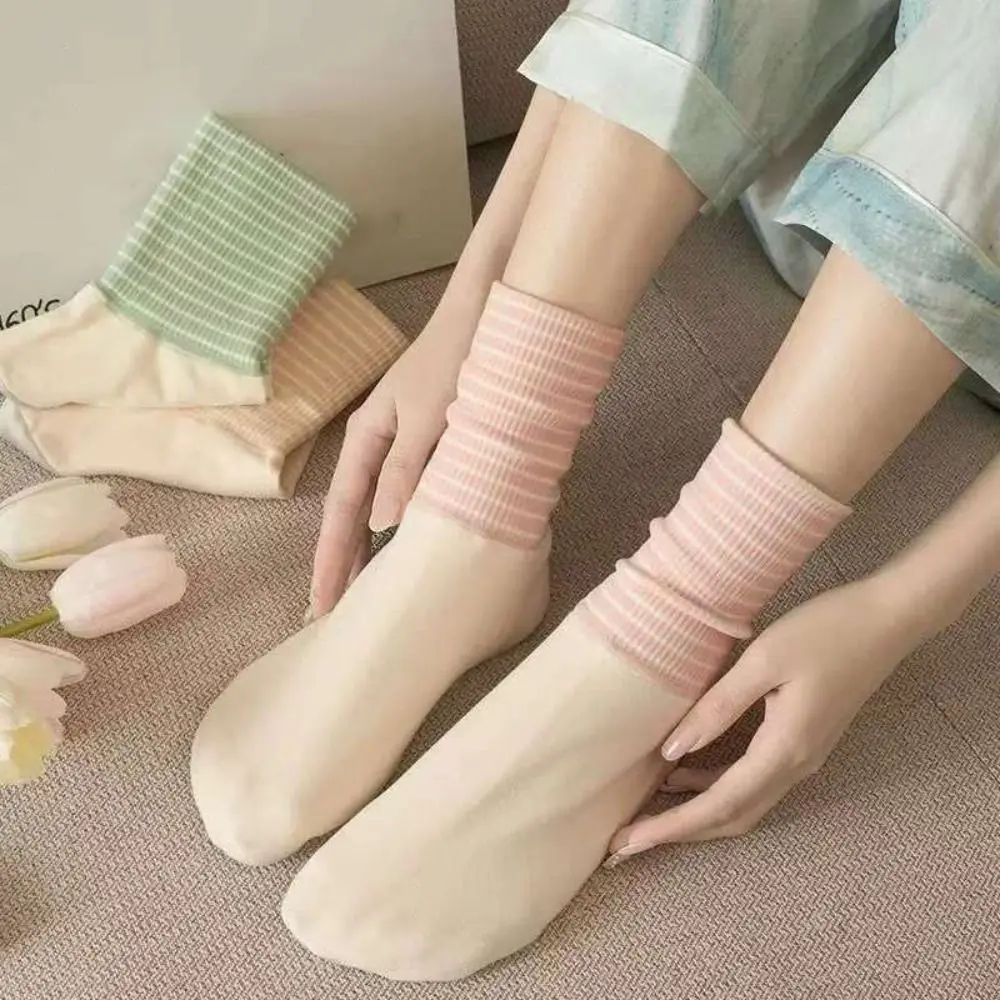 

4Pairs Patchwork Air Conditioning Sleep Socks Thicken Breathable Cartoon Stripe Socks Anti-slip Female Hosiery Middle Tube Socks