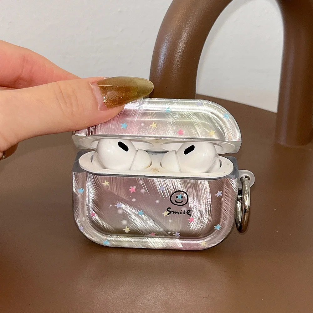 Stella colorata Volto sorridente Laser Argento Custodia morbida per auricolari per AirPods 4 Nuova copertura protettiva per AirPods 2 3 Pro 2 Shell Coque