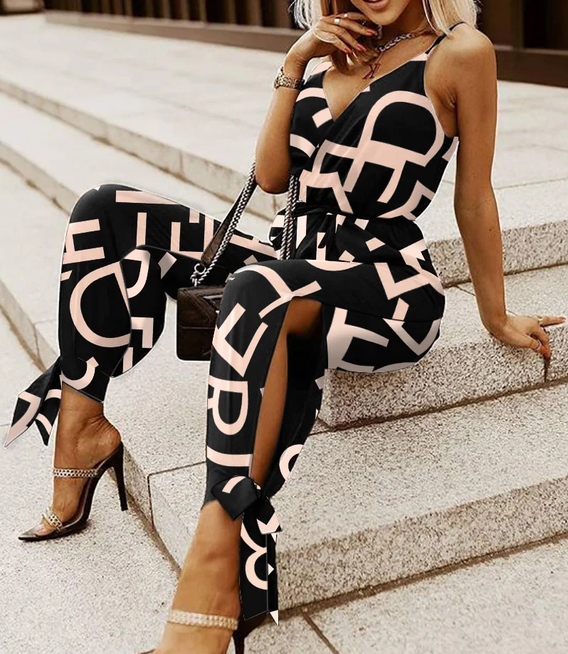 

Модный женский комбинезон с принтом и v-образным вырезом с завязками по бокам, универсальный стиль, идеально подходит для отдыха