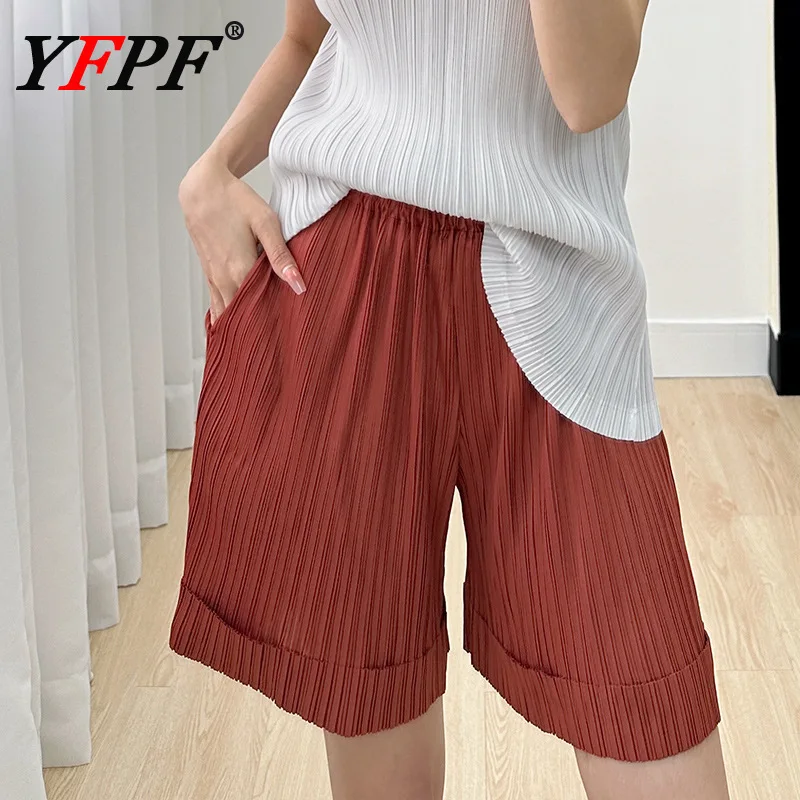 

YFPF Summer Casual Miyake Pleated Shorts For Women Solid Color Elastic Waist Mini Loose Trousers Fashion 2025 New Clothing