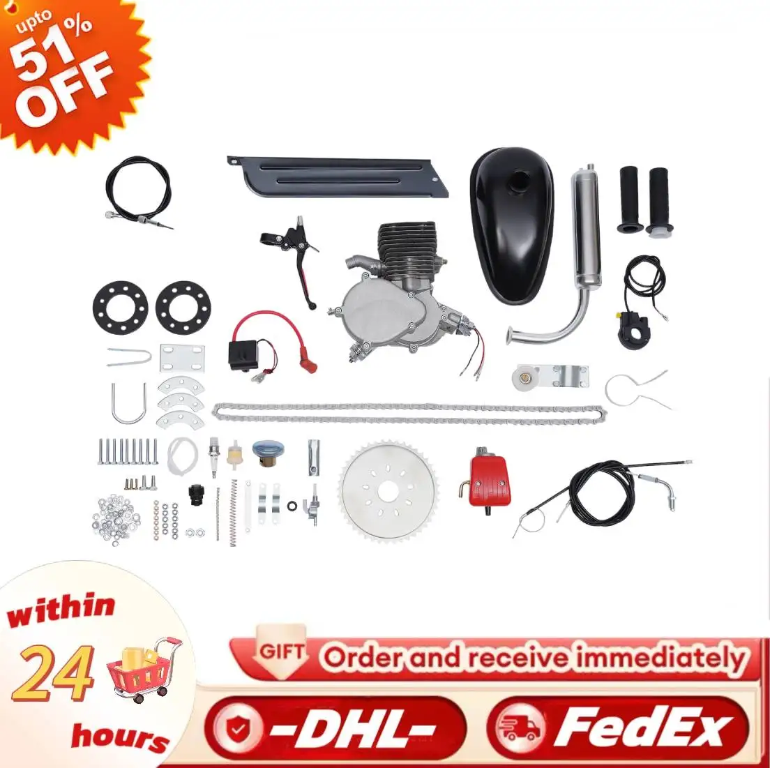 

100CC Motorized Bicycle Engine Kit 2 Stroke Petrol Gas Motor Engine Kit Fits Most 28" 44 Tooth Sprocket 1.9kw/5500r/min