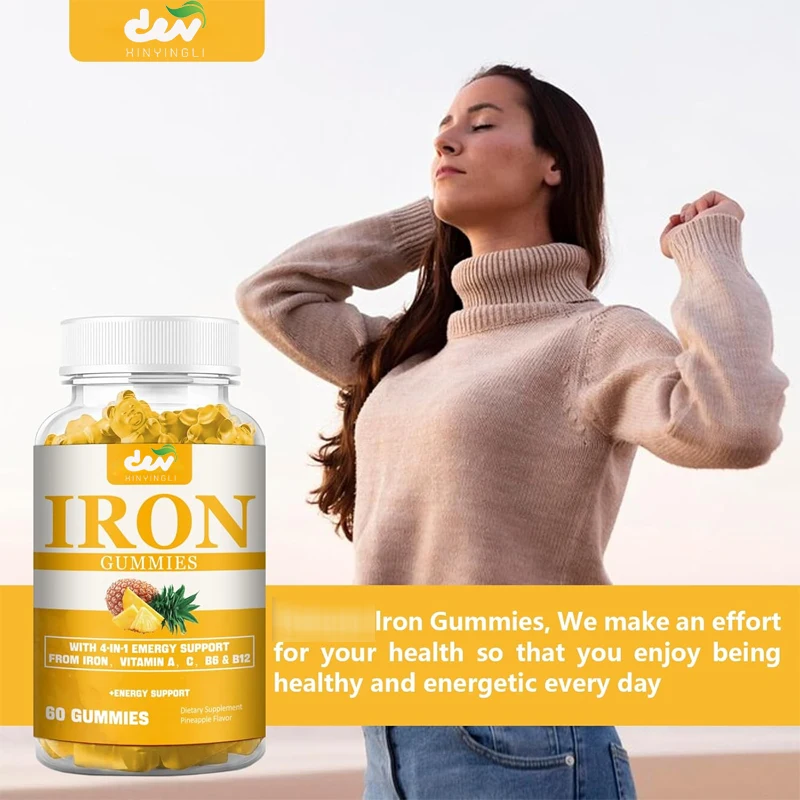 Male and female iron supplement gummies - containing vitamins A, C, and B - for iron deficiency and anemia