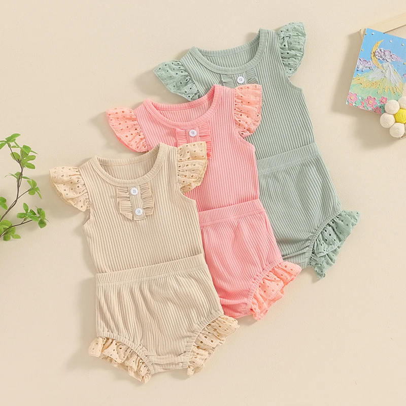 

2024-02-29 Lioraitiin Baby Girl Summer Outfits Round Neck Buttons Eyelet Fly Sleeve Rompers Elastic Waist Shorts Clothes Set