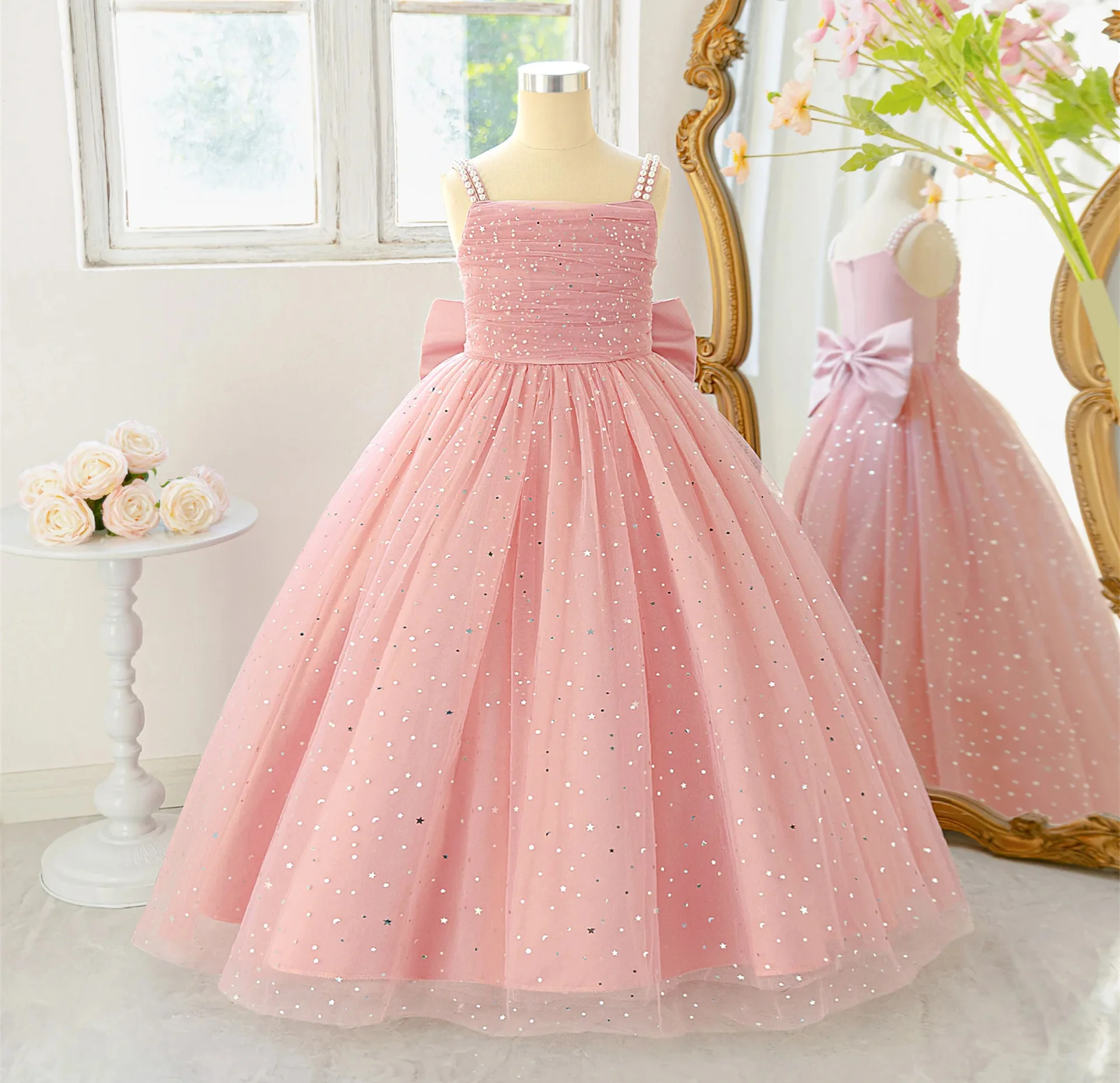 

Customized Pink Flower Girl Dress for Wedding Bow Glitter Pearls High Waist Floor Length Kids Birthday First Communion Gown