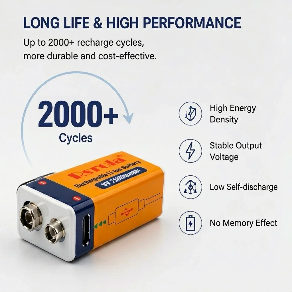 USB Rechargeable 9V Lithium ion Battery 23600mWh High Capacity Type-C Fast Charging for Guitar Microphone Toys Pedal with Cable