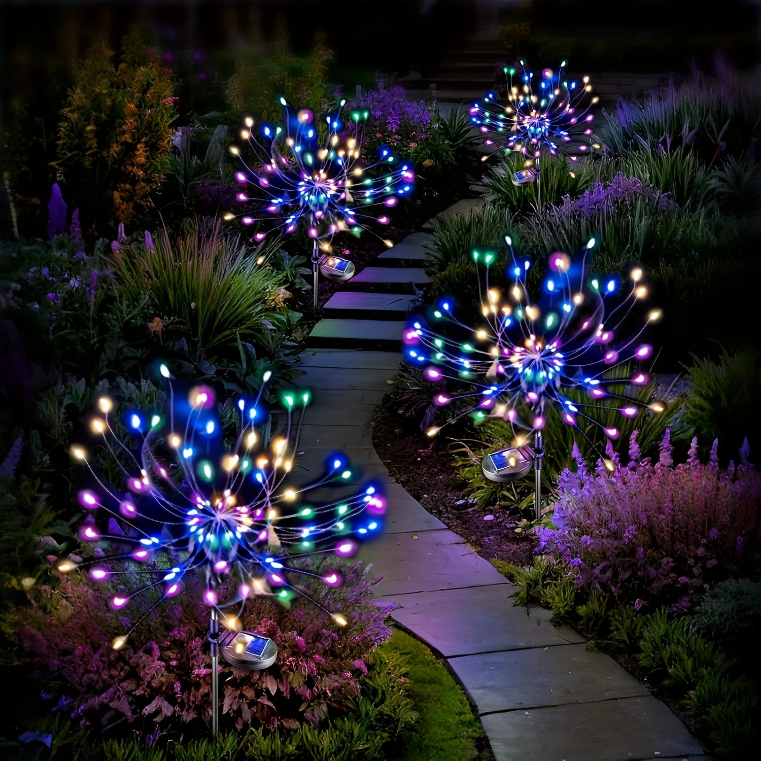 4 Stück Solar-Gartenleuchten für den Außenbereich, wasserdicht, dekorativ, 200 LED-Feuerwerkslichter, 8 Blitzmodi, mehrfarbige Solar-Terrassen-Rasenleuchte für Hof, Terrasse, Weg, Blumenbeet, Party,