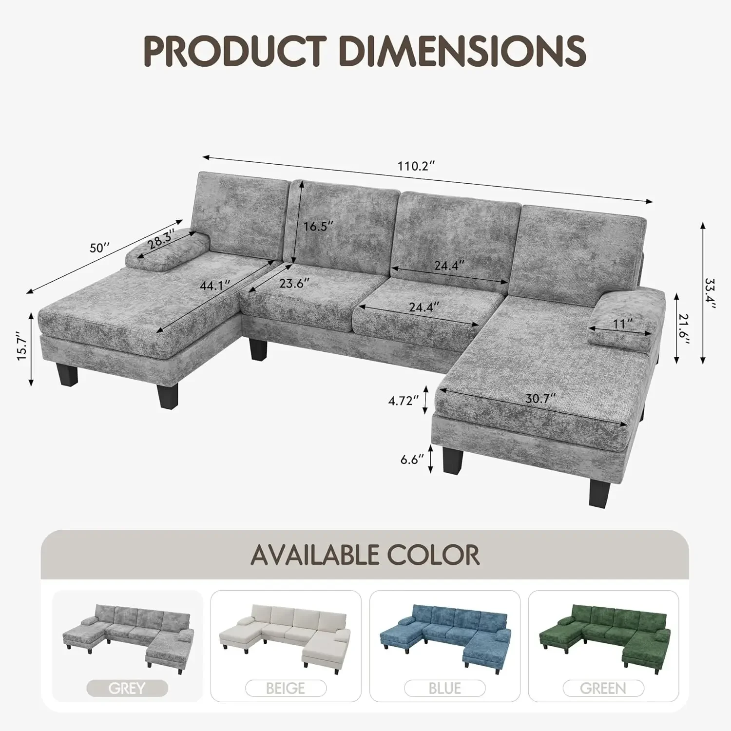 Convertible Sectional Sofa U-Shaped Couch with Soft Modern Cotton Chenille Fabric for Living Room, Seats with