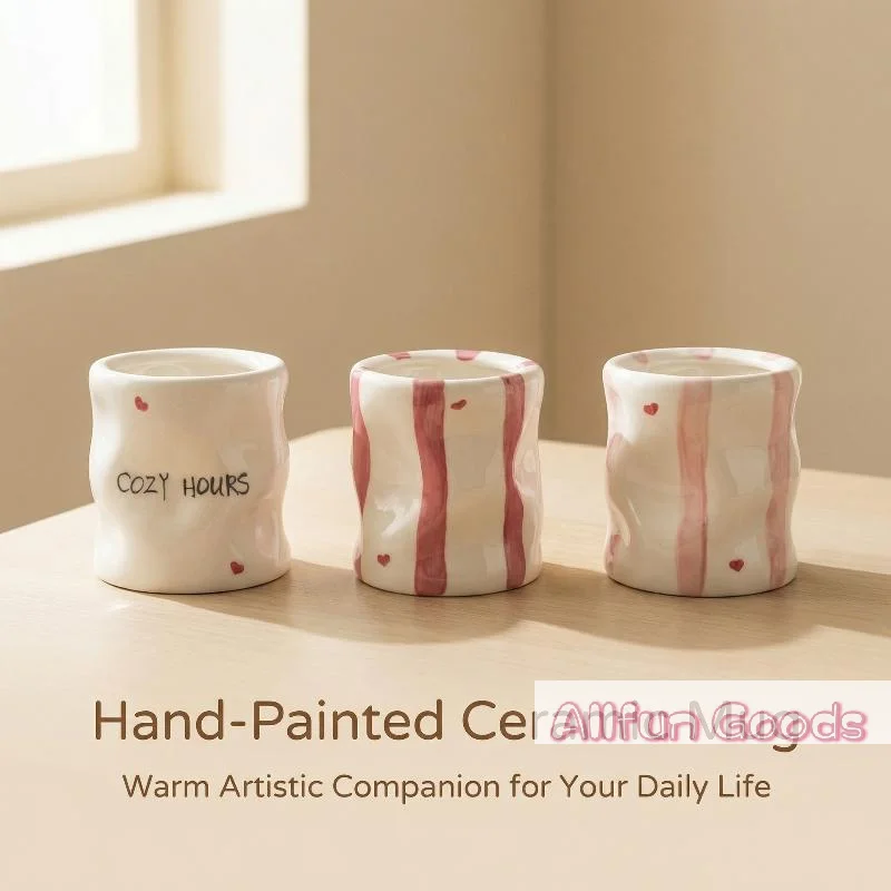 Hand Painted Striped Heart Ceramic Mug Irregular Wrinkle Shape Ins Style Coffee Cup For Home Office Afternoon Tea Time Use