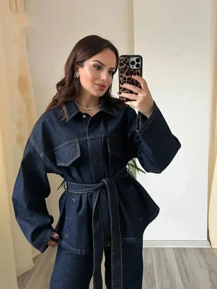 Fashion Denim Jacket Pants Set Women With Belt Lapel Button Jackets High Waist Straight Trousers Spring Lady Pockets Outfit MX8Q