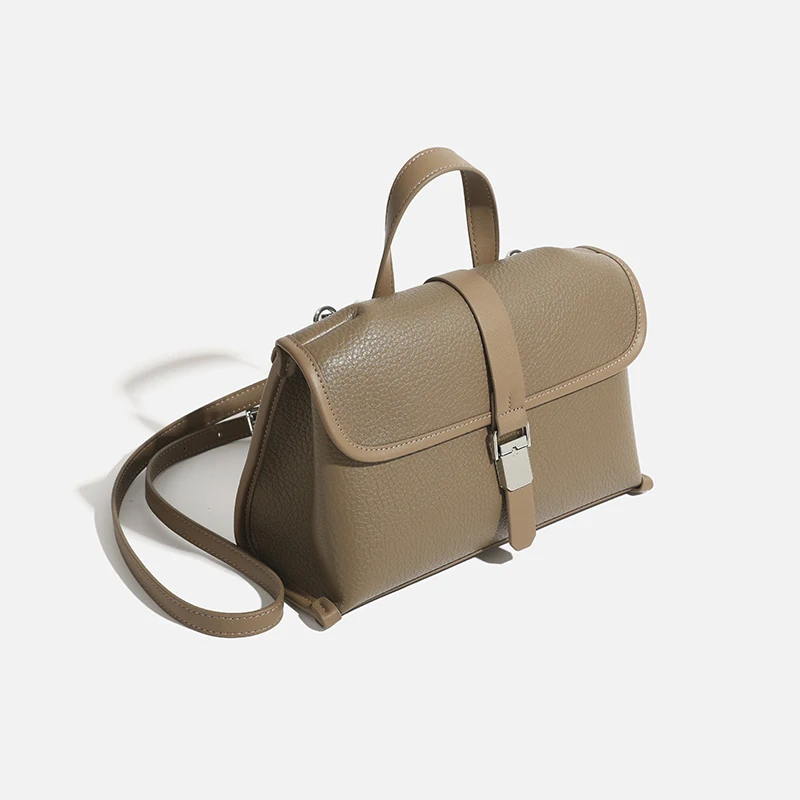 Women Olive Green Pebbled Leather Handbag with Silver Push Lock Flap Top Handle Satchel Bag Vintage Style Crossbody Shoulder Bag