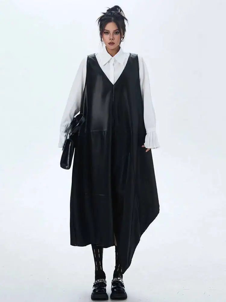 

Женское черное платье-жилет из искусственной кожи с разрезом и нерегулярным подолом, большой размер, новое модное платье без рукавов с v-образным вырезом, весна-осень