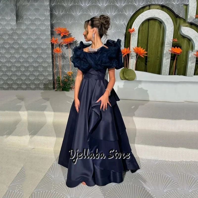 네이비 블루 새틴 이브닝 드레스 오프 숄더 A라인 프롬 가운 심플 엘레강트 아라비아 프롬 파티 드레스 맞춤 제작
