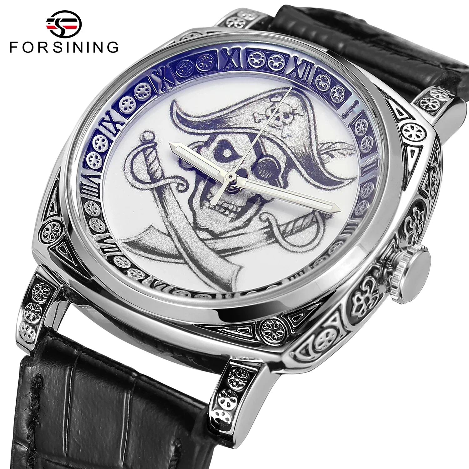 NEW Forsining Top Brand Mechanical Male Wristwatch Square Engraved Vintage Pirate Leather Strap Luminous Hands Men Watch