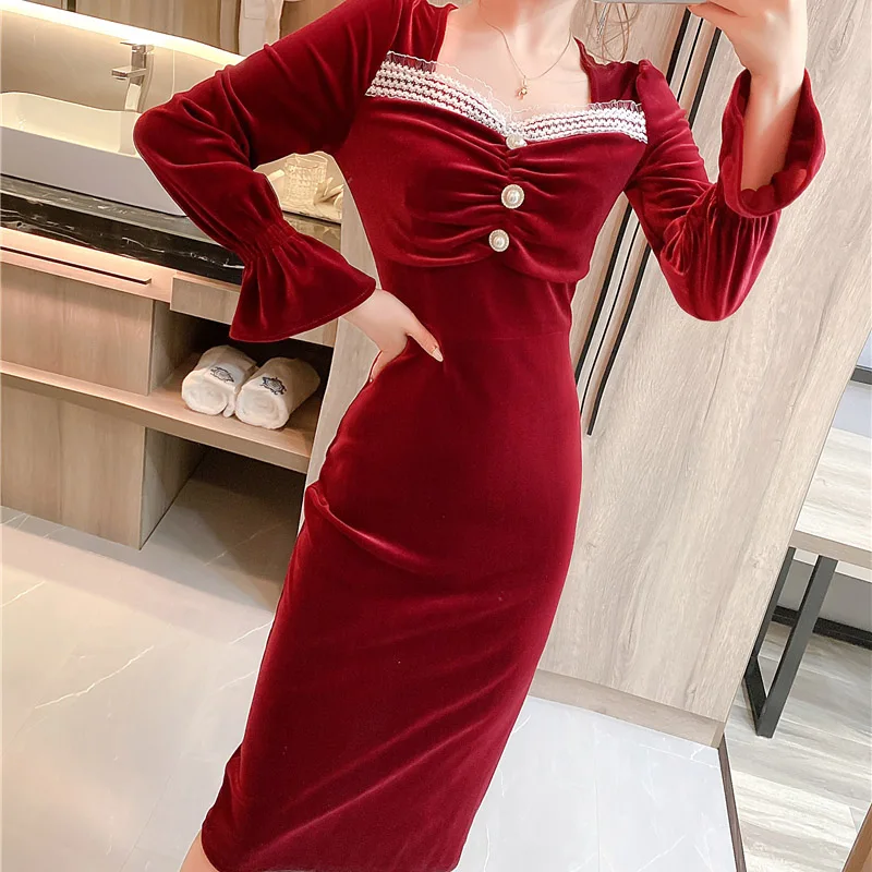 2022 Women Autumn Winter Velvet Dress Lady Long Sleeve Fungus Lace Mesh Yarn Velour Dresses Chic Casual Elegant Party Vestidos