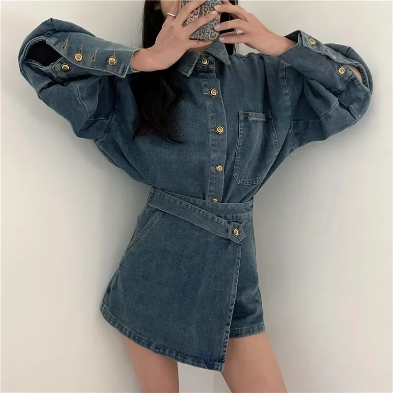 Neploe Vintage Loose Long Sleeve Denim Coat Women+ Y2k High Waist Irregular Shorts Skirts 2024 Spring New Two Piece Sets