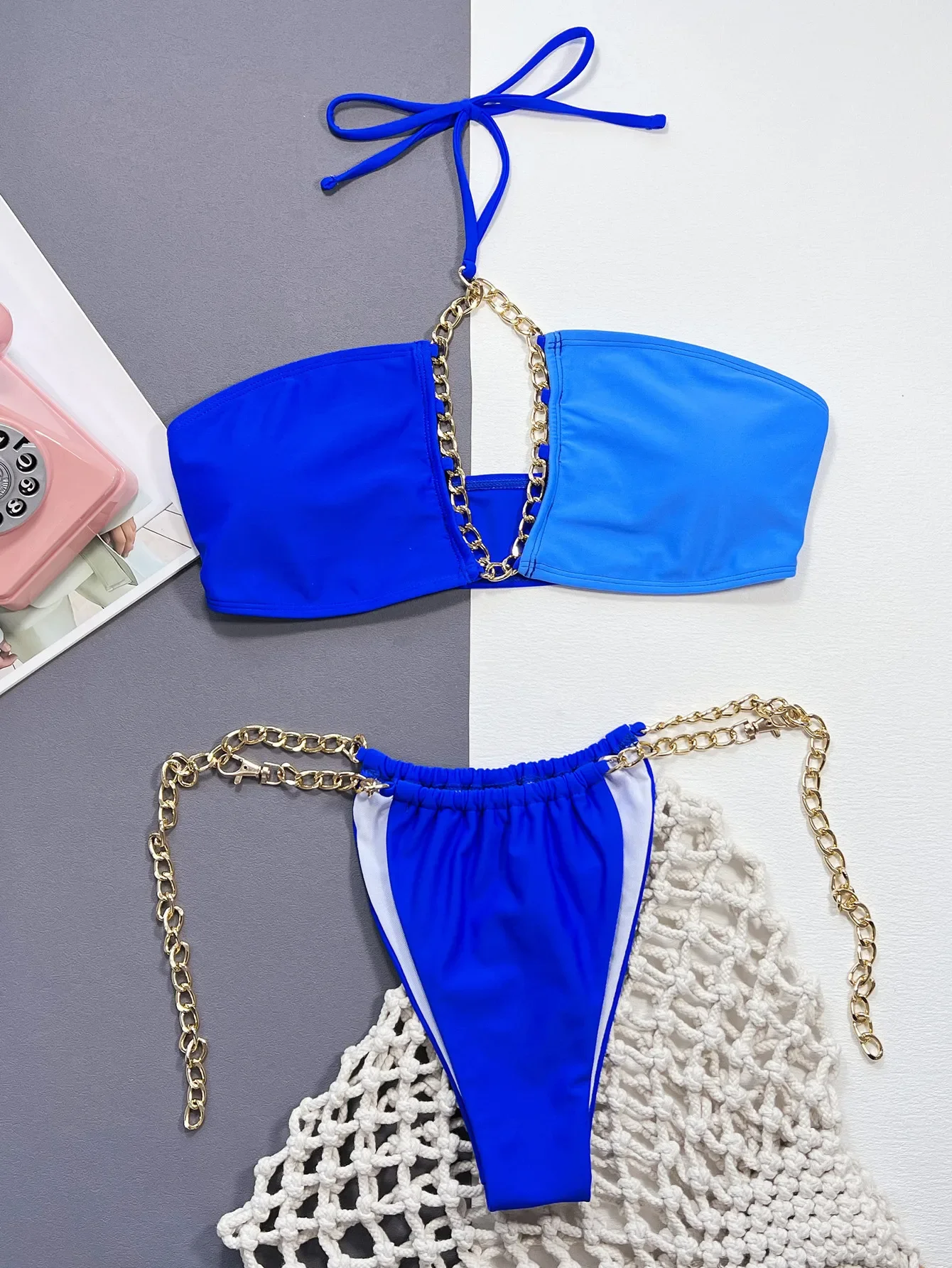 Bikini Sexy Metal Chain Swimsuit Women Blue 2-Piece Bikini Hollow Out Swimwear High Waist Backless Bathing Suit 2025 Summer New