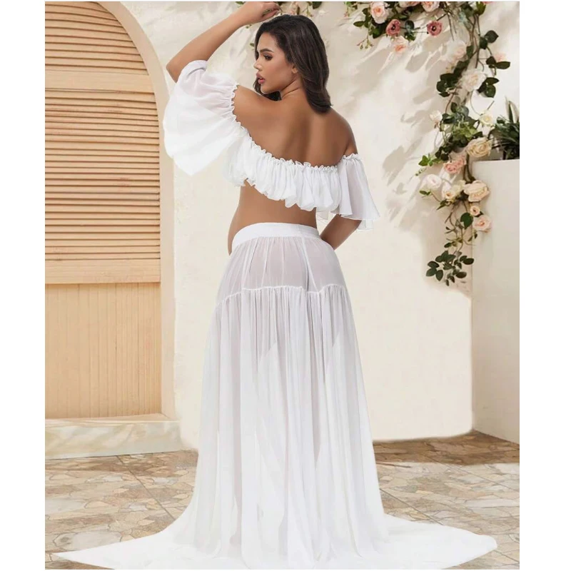 Maternity dresses photoshoot 2 Pieces Chiffon Tube Top Ruffle Sleeves Skirt  Baby Shower Photographie de vêtements de maternité