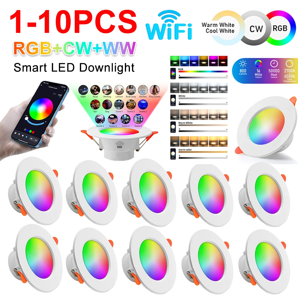 

1-10PCS RGB LED Downlight 10W Tuya Bluetooth Smart Ceiling Light GB+CW+WW Dimmable Spotlight Voice Control for Alexa Google Home