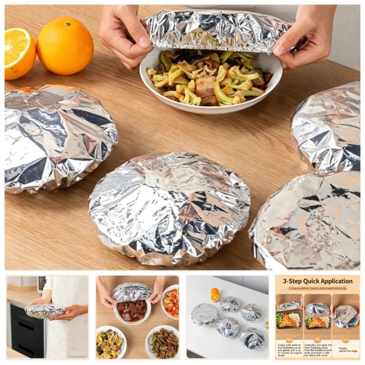 10~100Pcs Food Grade Reusable Aluminum Foil Food Covers Adjustable Heat Insulation Fresh‑keeping Film for Plate Oven Kitchen Use