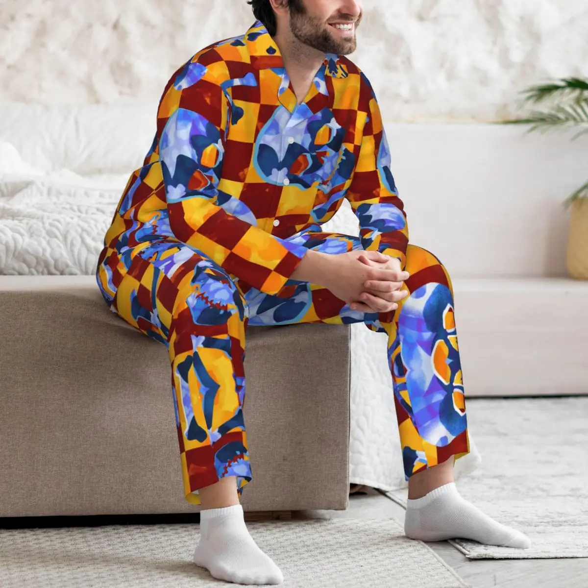 Conjunto de pijamas masculinos de outono inverno de manga comprida abstrato aquarela texturizada crânios e ossos roupas para casa pijamas 2 tamanhos