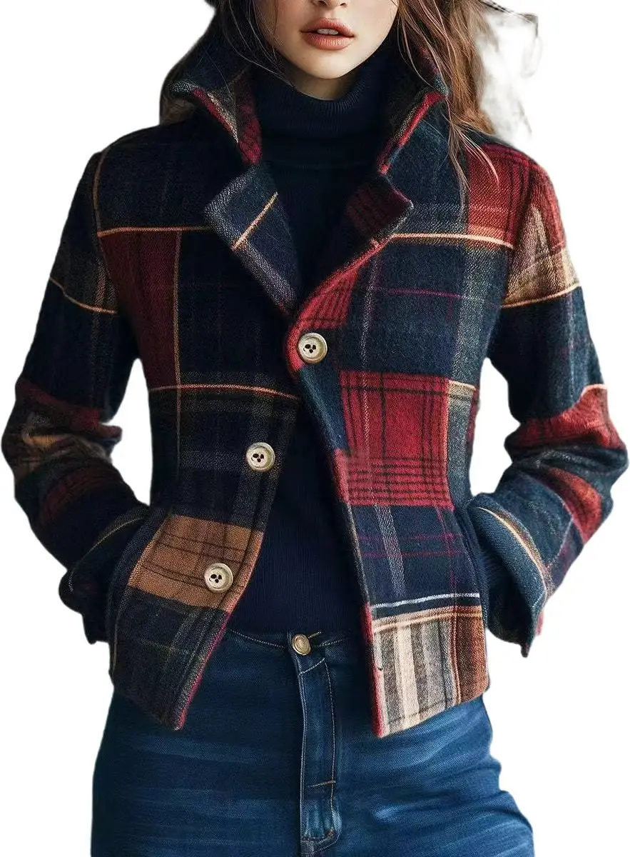 Autumn Winter Versatile Spliced ​​Button Suit Ropa Formal Mujer Vestes Femmes Plaid Print Women's Suit Collar Retro Warm Jacket