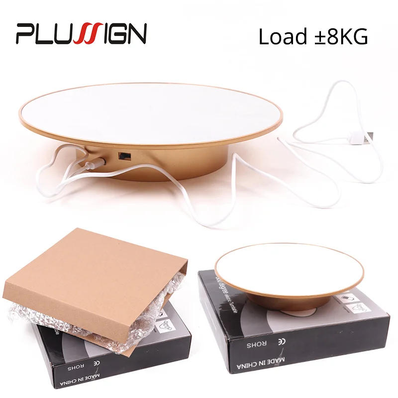 Plussign Golden Electric Motorized Rotating Turntable Display Stand With Led 25Cm Diameter Rotating Display Stand For Wig Head