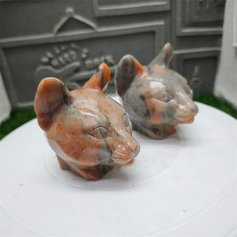 Natural Sunstone Cat Head Carving Quartz Healing Crystal Stone Cute Birthday Present Home Decoration 1set 7x8x8cm