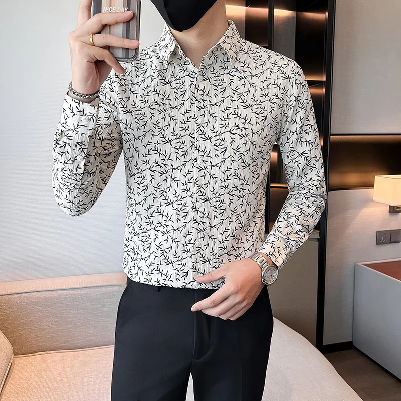 Autumn Winter Floral Shirt for Men Fashion Slim Fit Casual Shirts High Quality Business and Social Street Wear Men's Clothing
