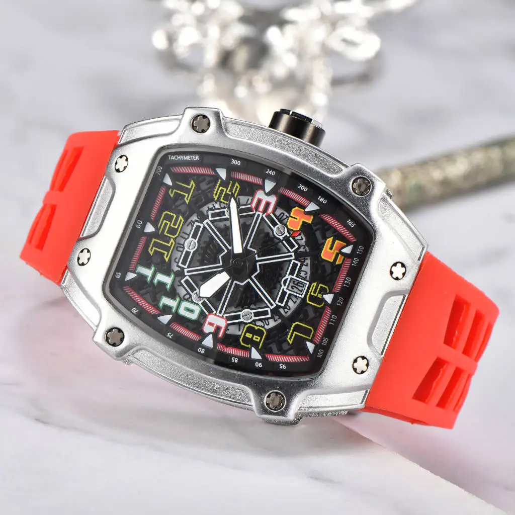 2024 new silicone strap square tonneau large dial watch hollowed out surface calendar quartz watch for men and Students