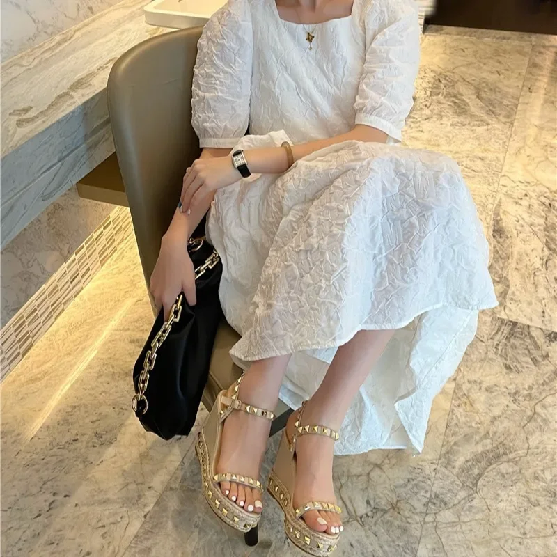 2024 Summer New Knitted Strap Willow Nail Fashion Versatile Slope Heel Thick Bottom High Heel Sandals for Women