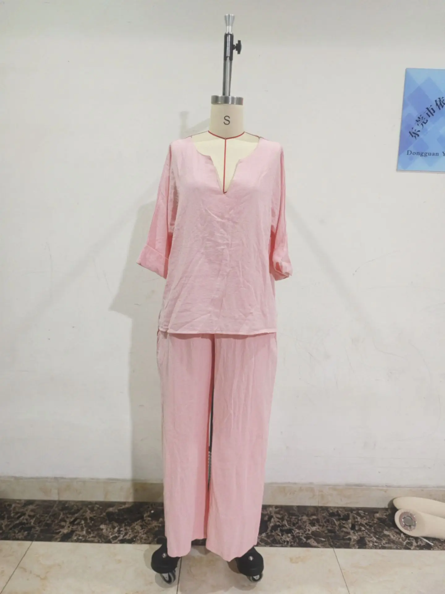 Vintage Women Simple Casual Pure Cotton Linen V Neck Batwing Sleeve Top Wide Leg Pants Casual Loose Outfit For Summer Vacation - view 5
