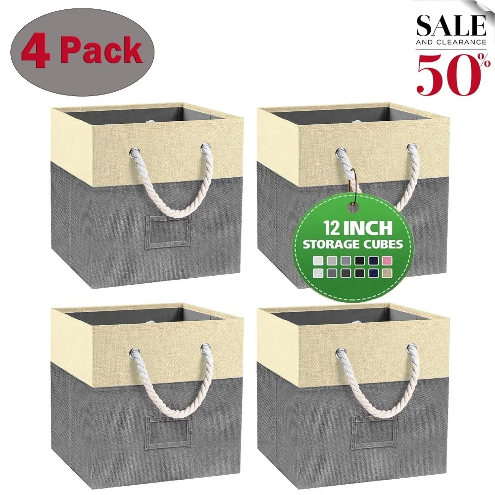 

Foldable Storage Bins, 4 Piece Set Fabric Closet Drawers Organizer with Cotton Handles for Organizing Shelf Cabinet, Gray