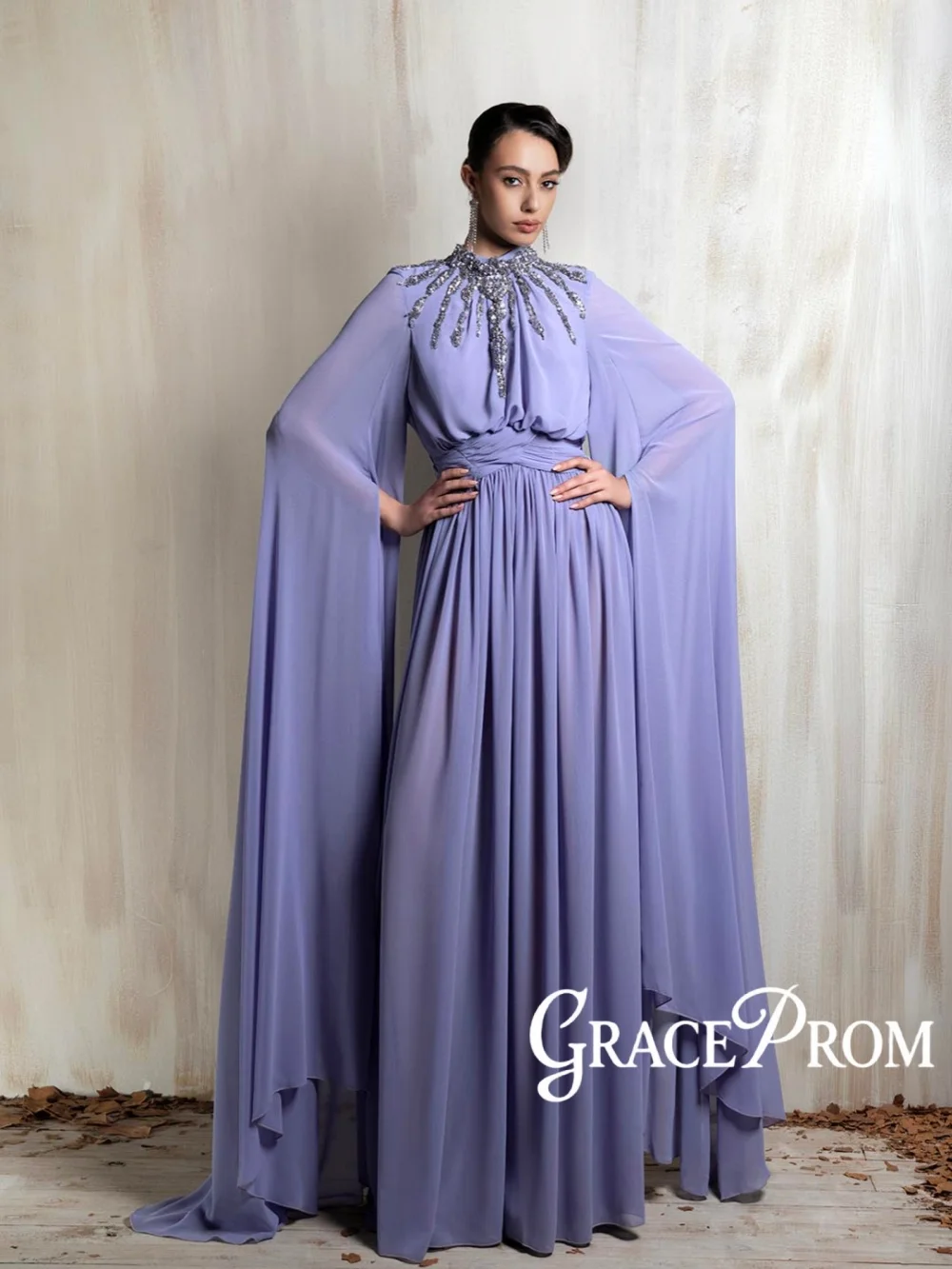 

Великолепное вечернее платье из шифона с бисером, длинное, скромное, с высоким воротником, для матери невесты, на заказ, фиолетовое, для банкетов и вечеринок