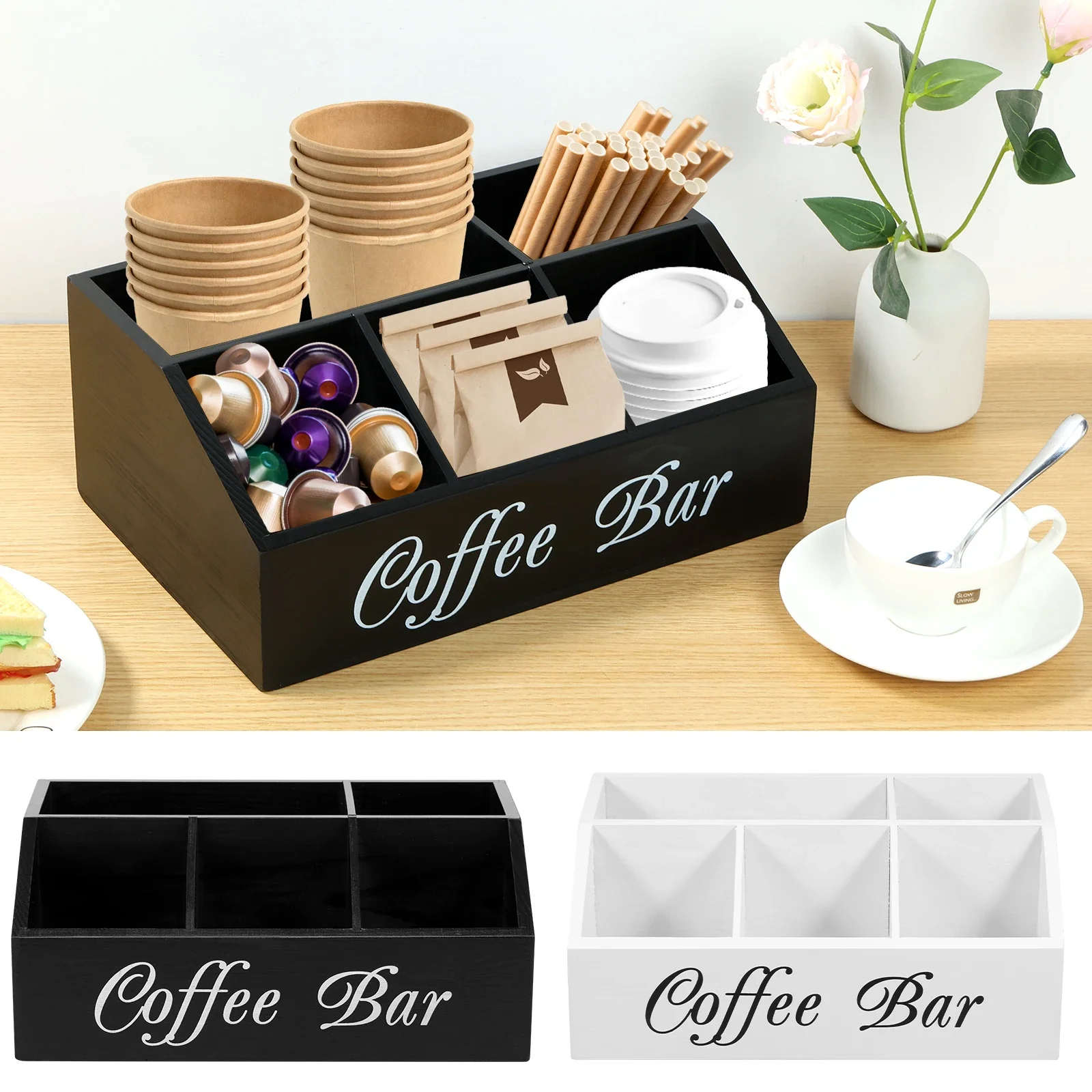 

Vintage Coffee Bar Organizer 5 Compartments Coffee Storage Station Coffee Pods Holder Kitchen Accessories